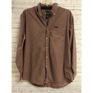 Chaps Easy Care Mens Large Button Down Collared Shirt Blue Orange Plaid Pocket